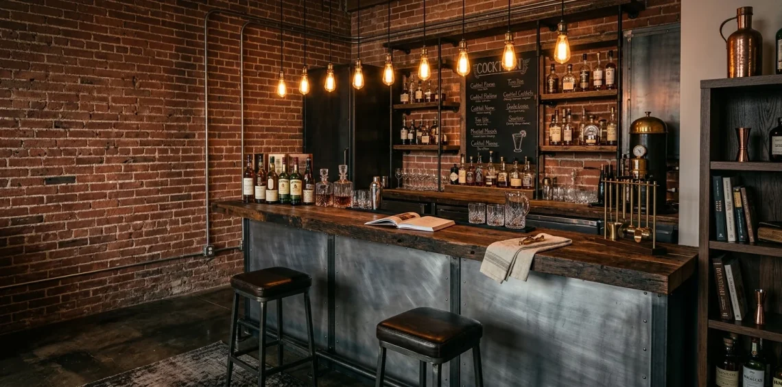 Industrial home bar featuring exposed red brick walls and corrugated steel counters