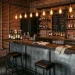 Industrial home bar featuring exposed red brick walls and corrugated steel counters