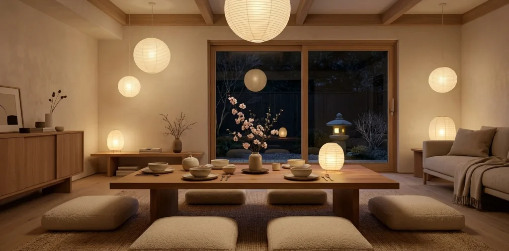 Japandi style living room set up for a romantic Zen Valentines party with floor cushions and glowing lanterns
