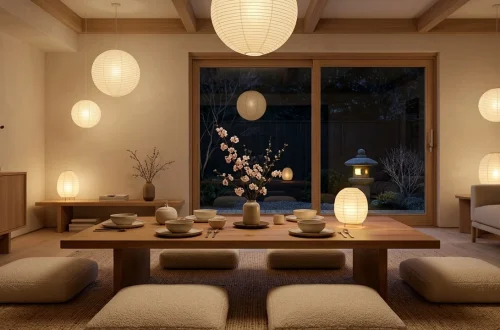 Japandi style living room set up for a romantic Zen Valentines party with floor cushions and glowing lanterns