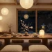 Japandi style living room set up for a romantic Zen Valentines party with floor cushions and glowing lanterns