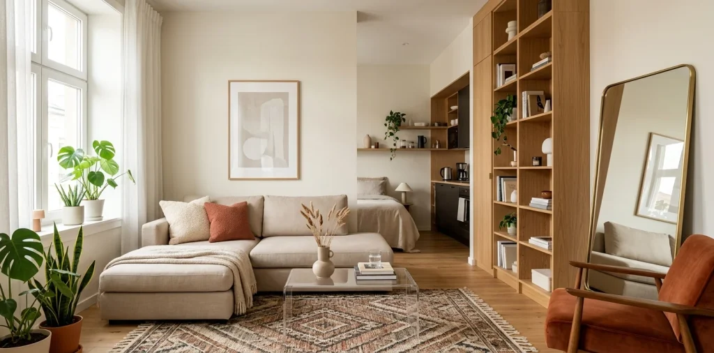 Modern mini studio apartment featuring smart furniture choices like a beige modular sofa and acrylic coffee table.