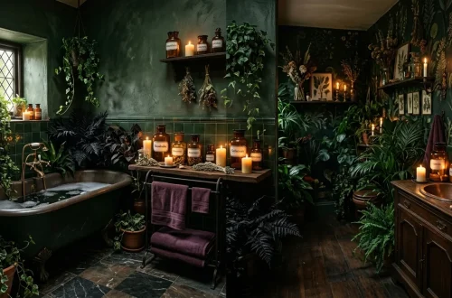 Luxurious botanical Halloween bathroom with dark green walls, clawfoot tub, black foliage, and soft candlelight