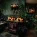 Luxurious botanical Halloween bathroom with dark green walls, clawfoot tub, black foliage, and soft candlelight