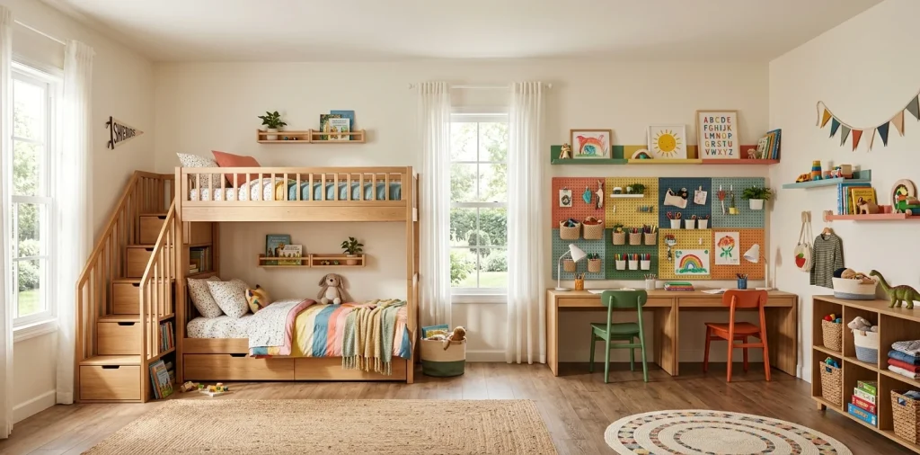 Beautiful shared kids bedroom demonstrating space-saving vertical storage and organized furniture.