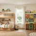 Beautiful shared kids bedroom demonstrating space-saving vertical storage and organized furniture.