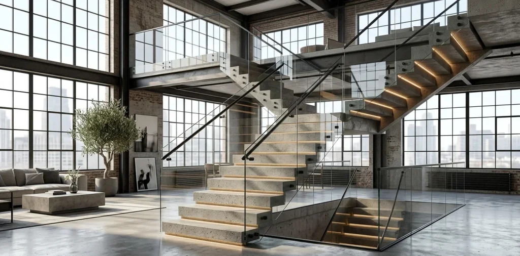 Wide view of a modern industrial staircase featuring floating concrete steps and a sleek glass railing in a bright loft.