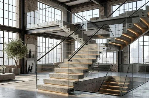 Wide view of a modern industrial staircase featuring floating concrete steps and a sleek glass railing in a bright loft.