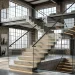 Wide view of a modern industrial staircase featuring floating concrete steps and a sleek glass railing in a bright loft.