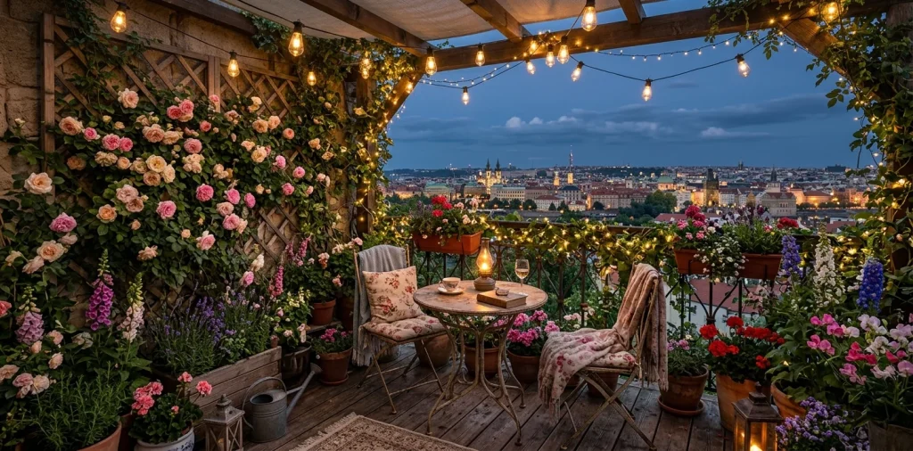 A magical cottagecore city balcony decorated with climbing roses, terracotta pots, and warm string lights at twilight.