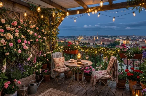 A magical cottagecore city balcony decorated with climbing roses, terracotta pots, and warm string lights at twilight.