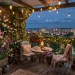 A magical cottagecore city balcony decorated with climbing roses, terracotta pots, and warm string lights at twilight.