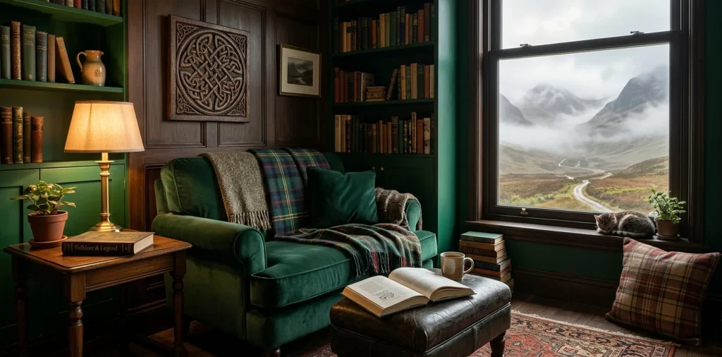 Cozy reading nook decorated with rustic Celtic accessories, featuring a green armchair and tartan blanket