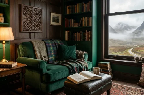 Cozy reading nook decorated with rustic Celtic accessories, featuring a green armchair and tartan blanket