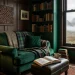 Cozy reading nook decorated with rustic Celtic accessories, featuring a green armchair and tartan blanket