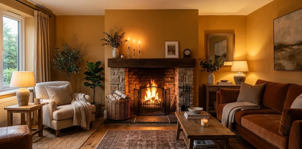 Cozy ochre living room featuring a warm fireplace styled with dark wood, brass, and woven baskets.