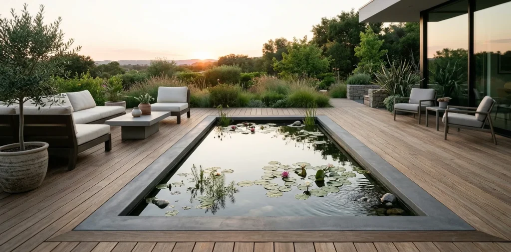 Minimalist wooden deck featuring a low-profile concrete patio pond with floating lily pads at sunset.