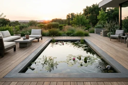 Minimalist wooden deck featuring a low-profile concrete patio pond with floating lily pads at sunset.