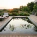 Minimalist wooden deck featuring a low-profile concrete patio pond with floating lily pads at sunset.