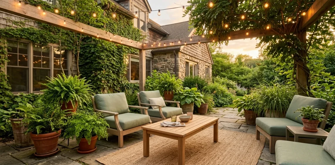 Cozy outdoor patio featuring muted sage green lounge chairs, teak wood table, and warm ambient string lights at sunset.
