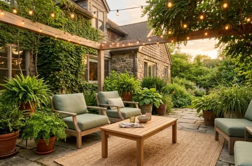 Cozy outdoor patio featuring muted sage green lounge chairs, teak wood table, and warm ambient string lights at sunset.