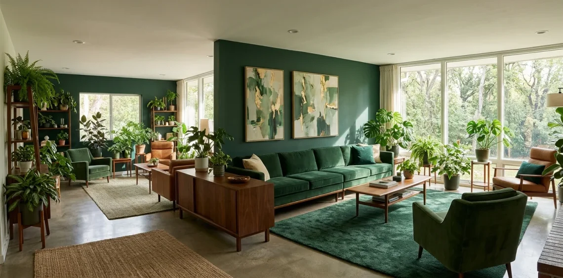 Deep forest green living room interior design with natural wood and vibrant plants for 2026 decor.
