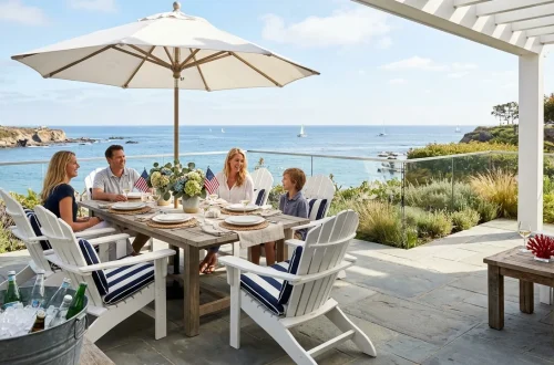 Luxurious coastal patio decorated for Memorial Day with navy stripes and white Adirondack chairs