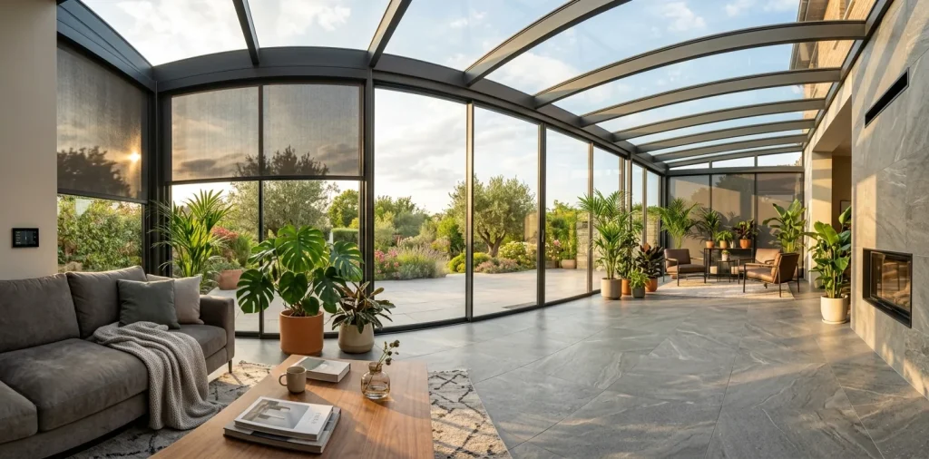 A modern high-tech sunroom with smart glass windows, automated blinds, and lush indoor plants bathed in sunlight