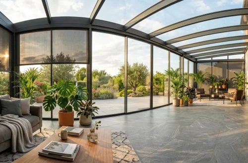 A modern high-tech sunroom with smart glass windows, automated blinds, and lush indoor plants bathed in sunlight