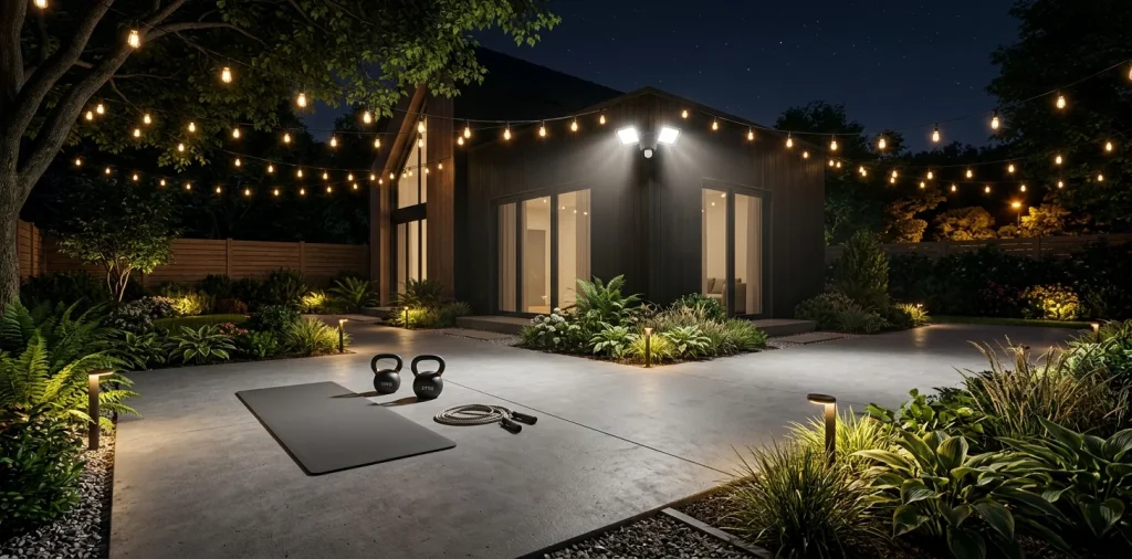 Bright outdoor lighting illuminating a modern backyard workout space with kettlebells and a yoga mat at night.