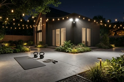Bright outdoor lighting illuminating a modern backyard workout space with kettlebells and a yoga mat at night.