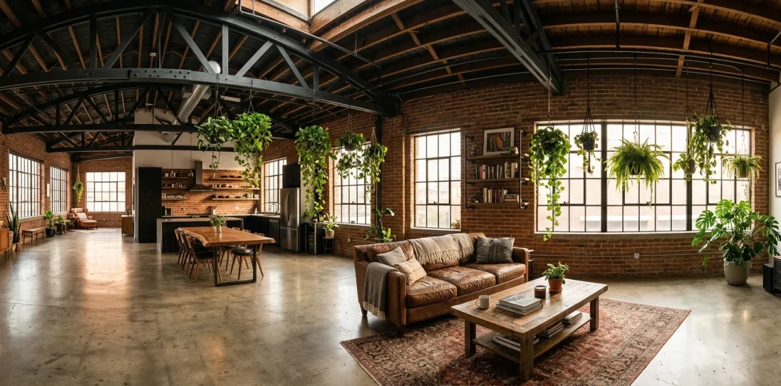 Urban warehouse loft with rugged iron plant hangers, exposed brick walls, and lush hanging indoor greenery