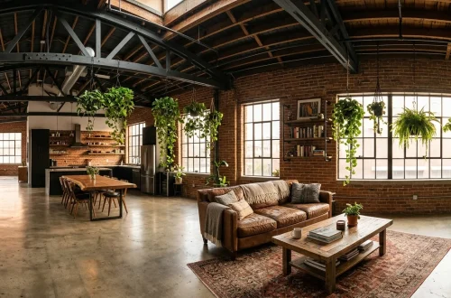 Urban warehouse loft with rugged iron plant hangers, exposed brick walls, and lush hanging indoor greenery