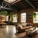 Urban warehouse loft with rugged iron plant hangers, exposed brick walls, and lush hanging indoor greenery