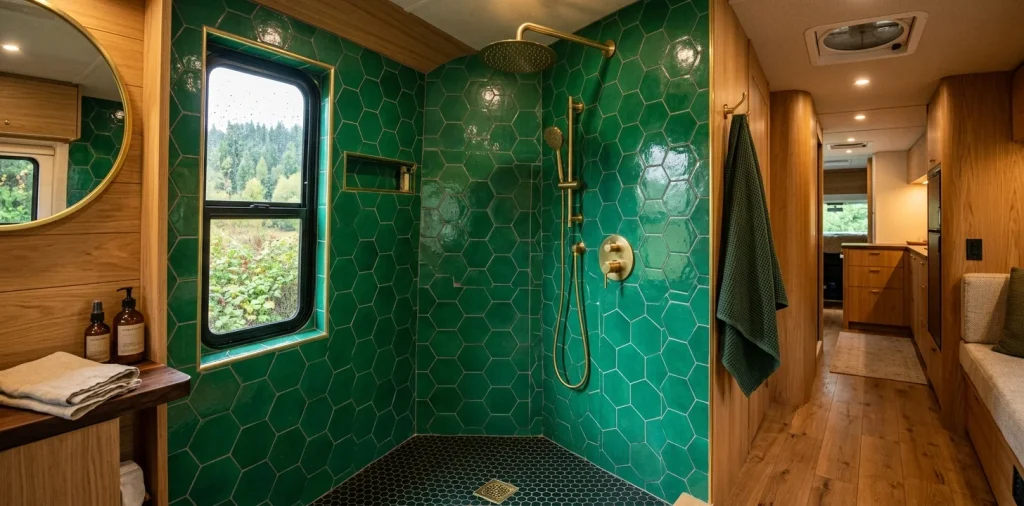 Wide view of a luxury camper van interior featuring an emerald green hexagon tiled shower with brass fixtures.