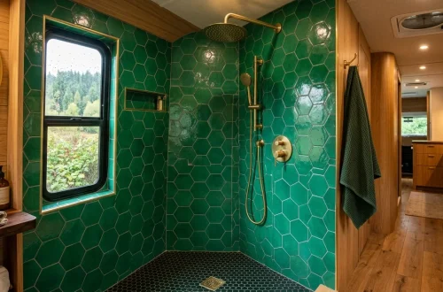 Wide view of a luxury camper van interior featuring an emerald green hexagon tiled shower with brass fixtures.
