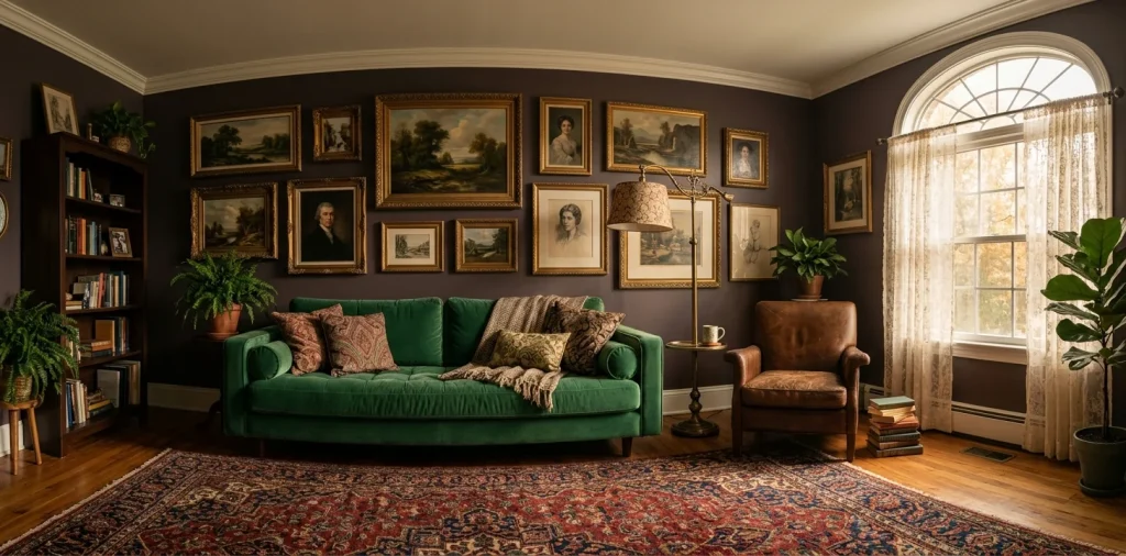 Beautiful vintage living room decor with a velvet sofa, antique brass lamp, and a rich Persian rug in warm sunlight.