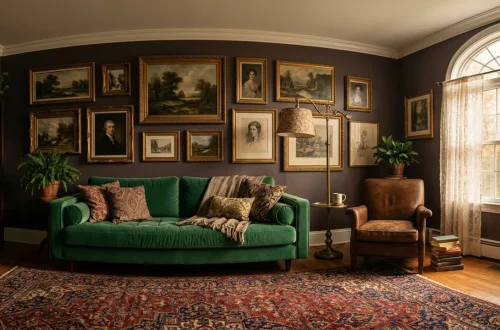 Beautiful vintage living room decor with a velvet sofa, antique brass lamp, and a rich Persian rug in warm sunlight.