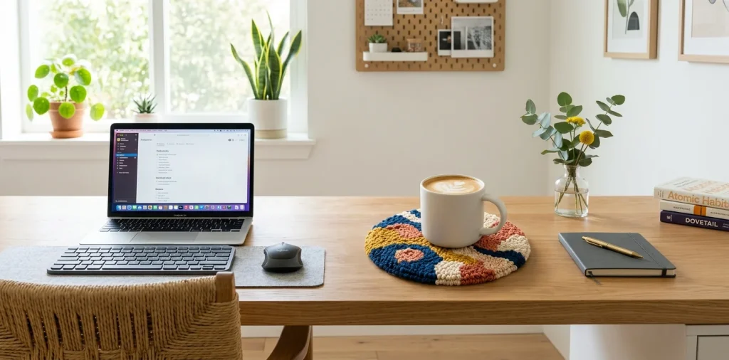 Stylish modern home office desk showing a vibrant punch needle coaster holding a ceramic coffee mug in natural light.