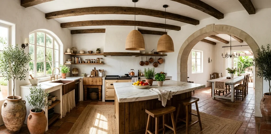 Wide view of a Mediterranean-inspired kitchen featuring rustic wooden beams, open shelving, and terracotta floors bathed in sunlight.
