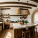 Wide view of a Mediterranean-inspired kitchen featuring rustic wooden beams, open shelving, and terracotta floors bathed in sunlight.
