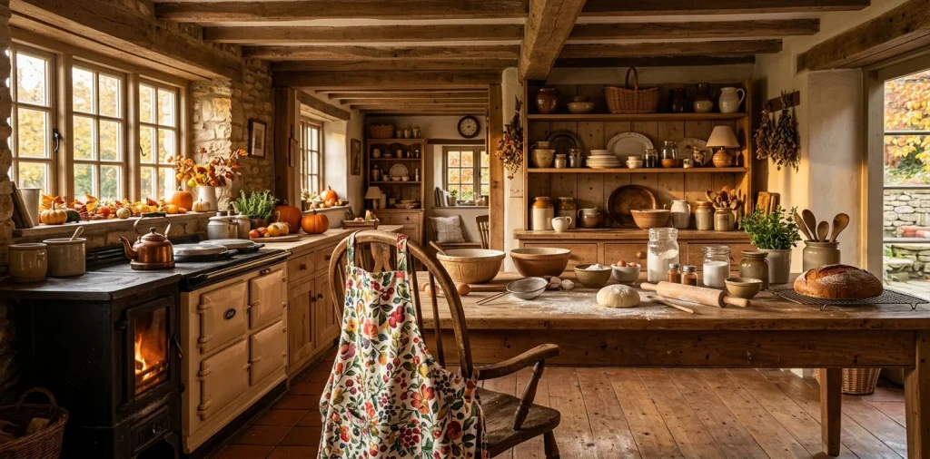 Seamless panoramic view of a cozy cottagecore autumn kitchen featuring floral aprons and vintage fall decor.