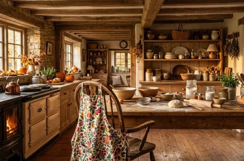 Seamless panoramic view of a cozy cottagecore autumn kitchen featuring floral aprons and vintage fall decor.