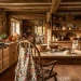 Seamless panoramic view of a cozy cottagecore autumn kitchen featuring floral aprons and vintage fall decor.