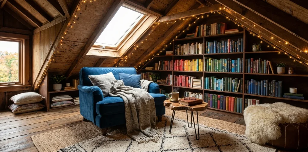 A cozy attic reading nook featuring a plush armchair, wooden bookshelves, and warm string lights