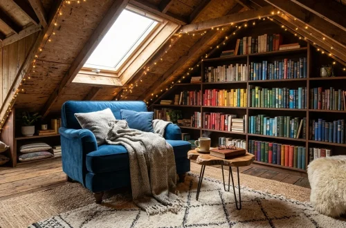 A cozy attic reading nook featuring a plush armchair, wooden bookshelves, and warm string lights