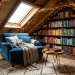 A cozy attic reading nook featuring a plush armchair, wooden bookshelves, and warm string lights