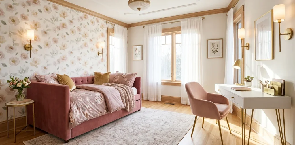 Elegant feminine guest room and office combo featuring floral wallpaper, a cozy bed, and a gold-accented desk.