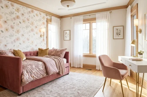Elegant feminine guest room and office combo featuring floral wallpaper, a cozy bed, and a gold-accented desk.