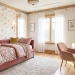 Elegant feminine guest room and office combo featuring floral wallpaper, a cozy bed, and a gold-accented desk.